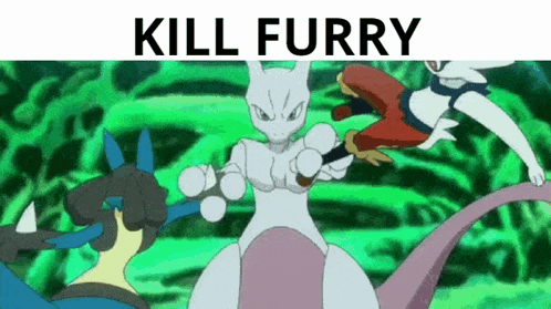 a group of cartoon characters are standing next to each other with the words `` kill furry '' written on the bottom .