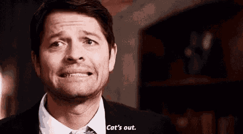 a man in a suit and tie is making a funny face and saying cat 's out .