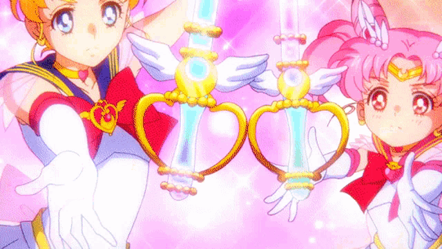 two anime girls are holding a pair of hearts