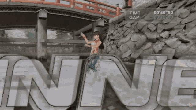 a video game screen shows a woman standing in front of a bridge and the word nine