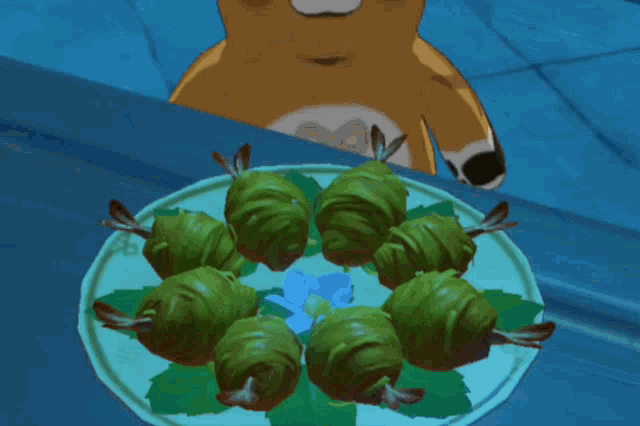 a cartoon character is standing next to a plate of green balls