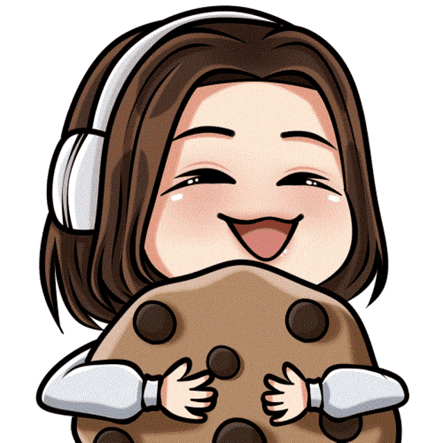 a cartoon of a girl with headphones holding a cookie