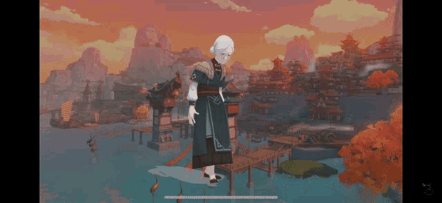 a screenshot of a video game shows a character standing in front of a city