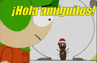 a cartoon character says hola amiguitos while looking at a poop wearing santa hat