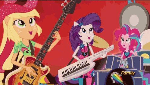 a cartoon of a girl playing a guitar and another girl playing keyboard