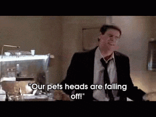 a man in a suit and tie is standing in a room and saying `` our pets heads are falling off '' .