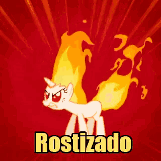 a cartoon of a pony with flames coming out of its hair and the word rostizado underneath it