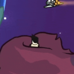 a cartoon drawing of a person laying on a purple blanket