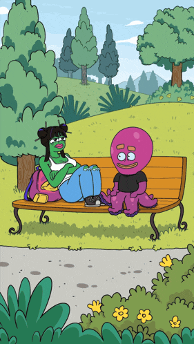 a cartoon of a woman and a purple octopus sitting on a park bench