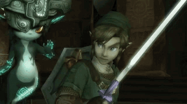 link is holding a sword next to a cartoon character .