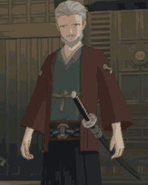 a man in a kimono is holding a sword in his right hand