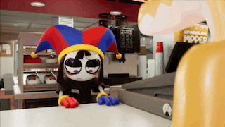 a cartoon character wearing a jester hat is sitting at a counter in a restaurant