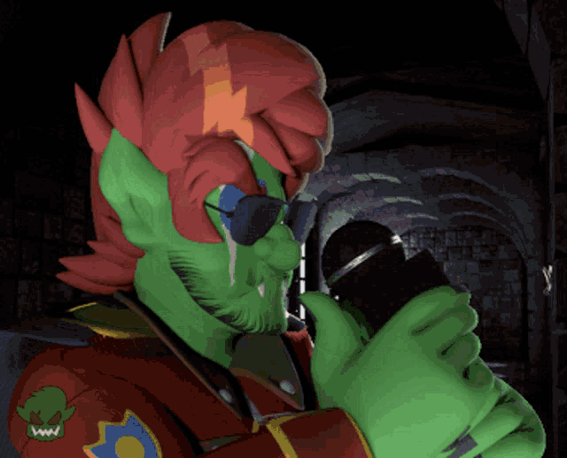 a green and red cartoon character is holding a microphone