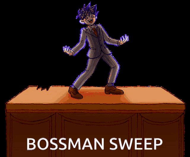 a cartoon of a man in a suit standing on a stage with the words bossman sweep above him