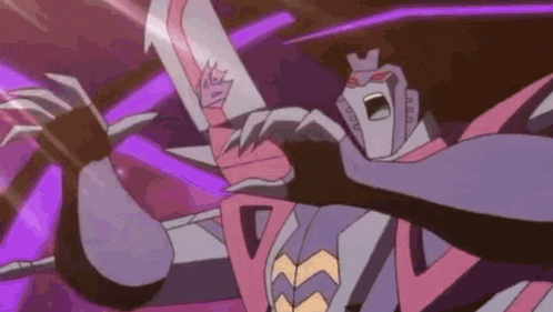 a cartoon character is fighting another cartoon character in a purple and pink costume .