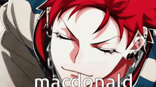 a close up of a red haired anime character with the name macdonald