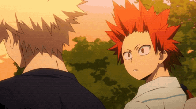 two anime characters are standing next to each other and one of them has red hair