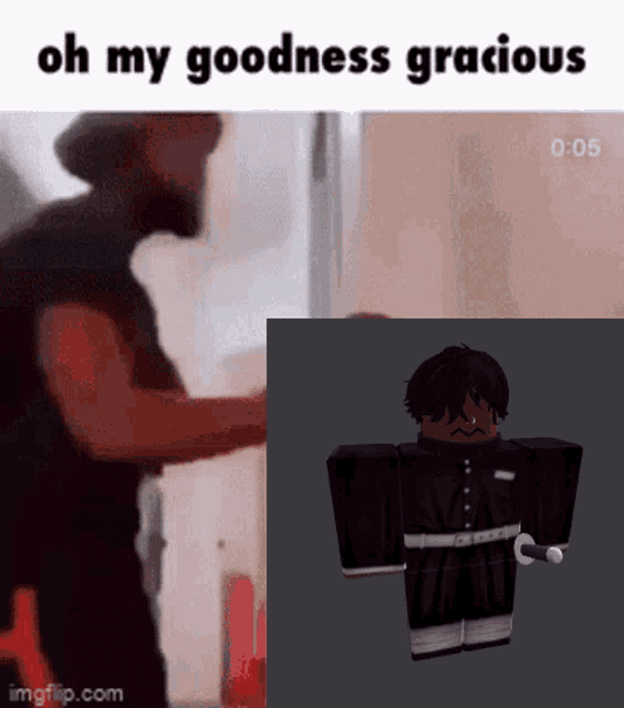 a gif of a man standing next to a picture of a roblox character says oh my goodness gracious
