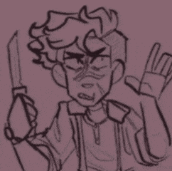 a drawing of a boy holding a knife and making a peace sign .