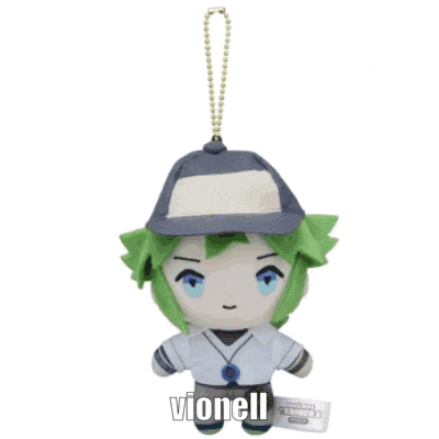 a stuffed toy with green hair and blue eyes says vionell on it