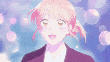 a close up of a pink haired anime character