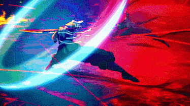 a pixel art of a person with a sword in a red background