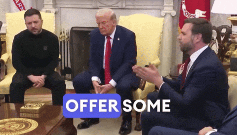 a group of men are sitting around a table with a sign that says offer some on it