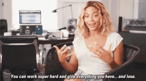 a woman is sitting in a chair and saying " you can work super hard and give everything you have and lose "