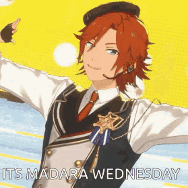 a man with red hair is wearing a suit and tie and has his arms outstretched and says it 's madara wednesday
