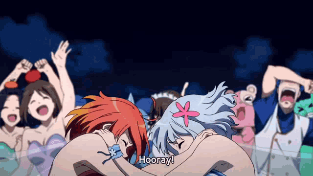 a group of anime characters are hugging each other and one of them says hooray