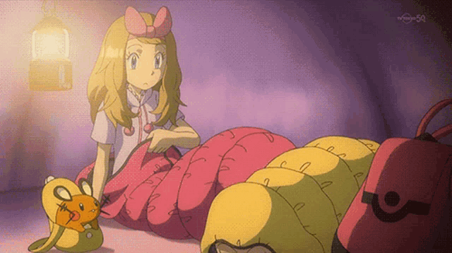 a girl with a pink bow on her head sits next to a yellow cartoon character