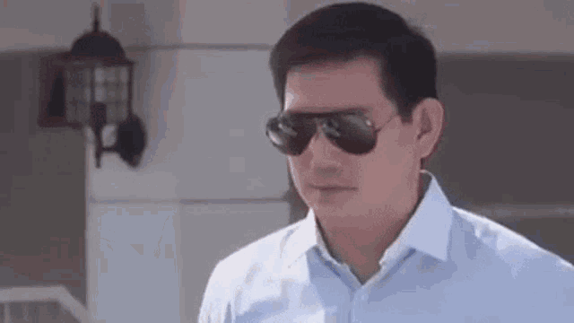 the man is wearing sunglasses and a blue shirt .