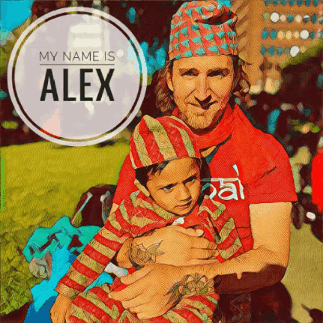 a painting of a man holding a child with the name alex