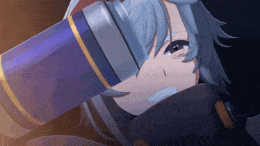 a girl with blue hair is holding a purple object