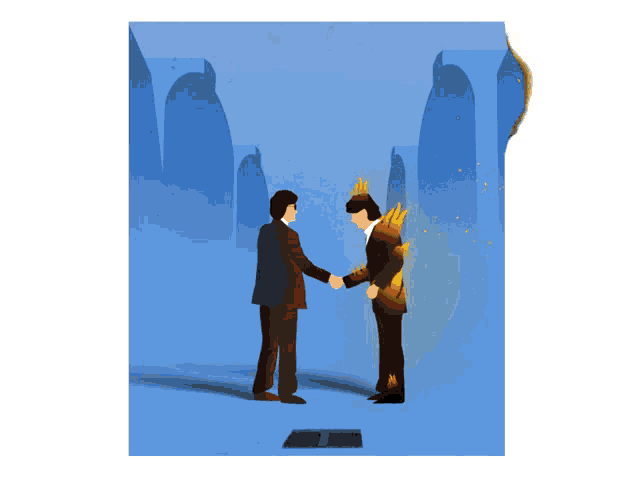 a man in a suit shakes hands with another man in a suit that is on fire
