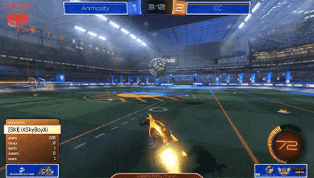 a rocket league game is being played and the score is 1 to 2