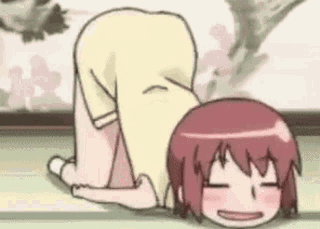 a cartoon girl is doing a yoga pose on the floor with her head on her knees .
