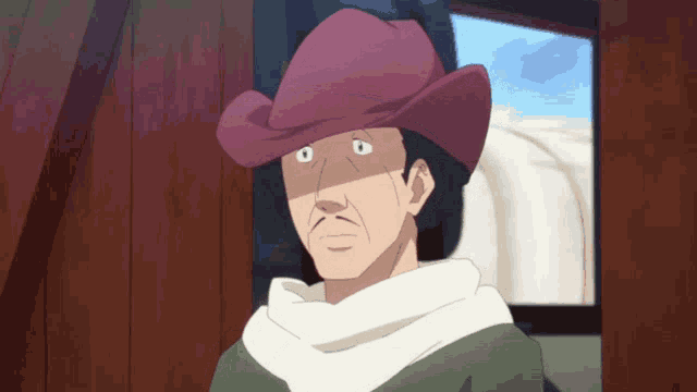 a man wearing a pink cowboy hat and a green shirt