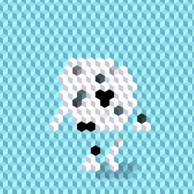 a blue background with a white cube with black spots