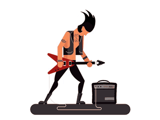 a cartoon illustration of a woman playing a guitar next to an amplifier
