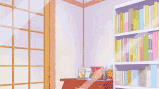 a girl with blonde hair and blue eyes is standing in front of a bookshelf with her arms outstretched .