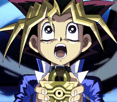 a cartoon character with a surprised look on his face is holding a golden object