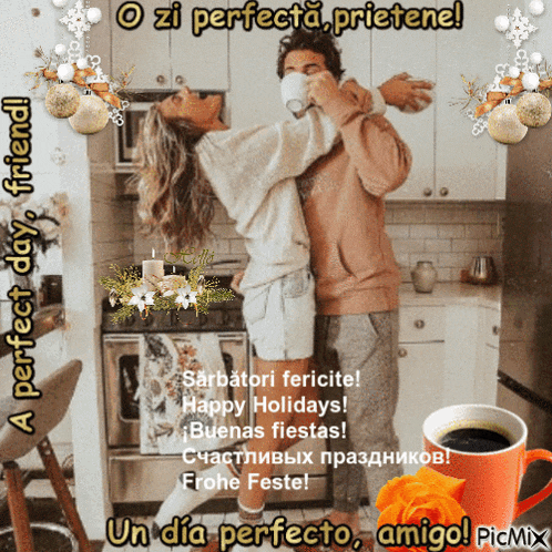 a picture of a man holding a woman in the air with a cup of coffee