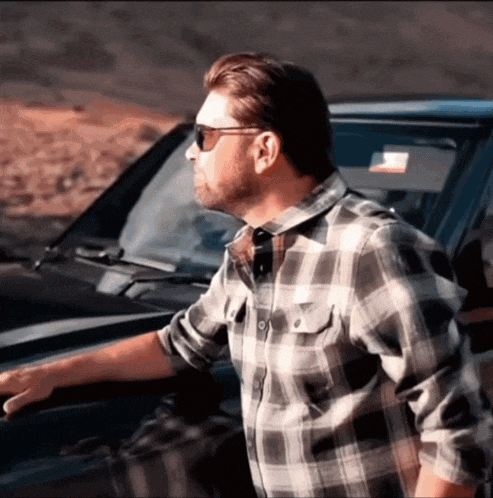 a man in a plaid shirt stands next to a car