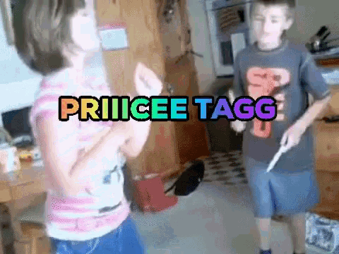 a girl and a boy are dancing in front of a sign that says priiicee tagg