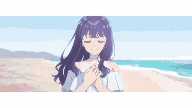a girl with purple hair and blue eyes is standing on a beach with her arms outstretched