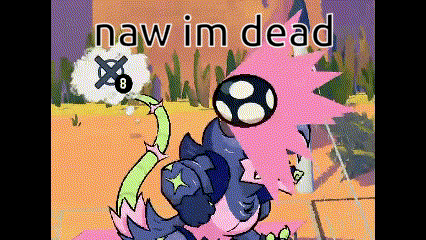 a cartoon of a monster with a ball on its head and the words naw im dead
