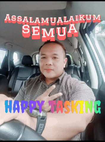 a man in a car with the words happy tasking on the bottom