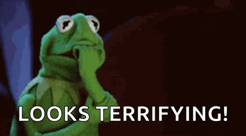 kermit the frog is covering his mouth with his hand and the words `` looks terrifying '' are written below him .