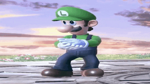 a cartoon character wearing a green hat with the letter l on it is standing on a brick floor .